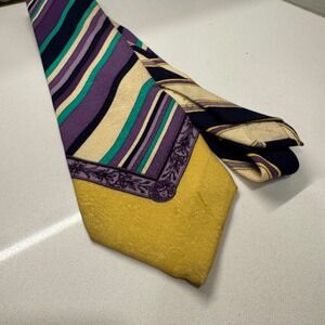 Vintage Gianni Versace Tie Yellow Purple Baroque Silk Hand Made Spain Medusa Tie